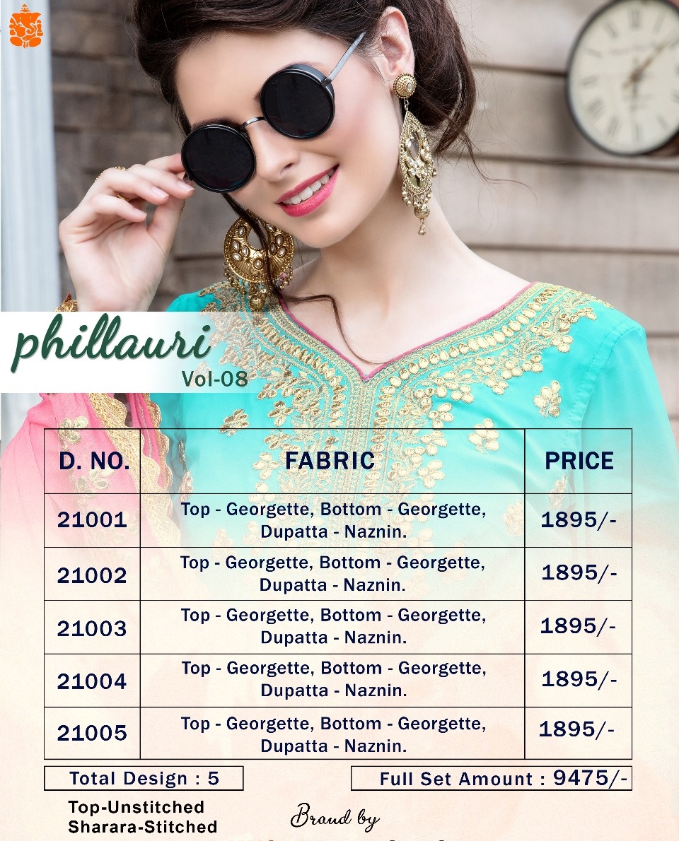 Phillauri Vol-8 By Phillauri 21001 To 21005 Series Designer Sarara Suits Collection Beautiful Stylish Fancy Colorful Party Wear & Occasional Wear Georgette Embroidered Dresses At Wholesale Price