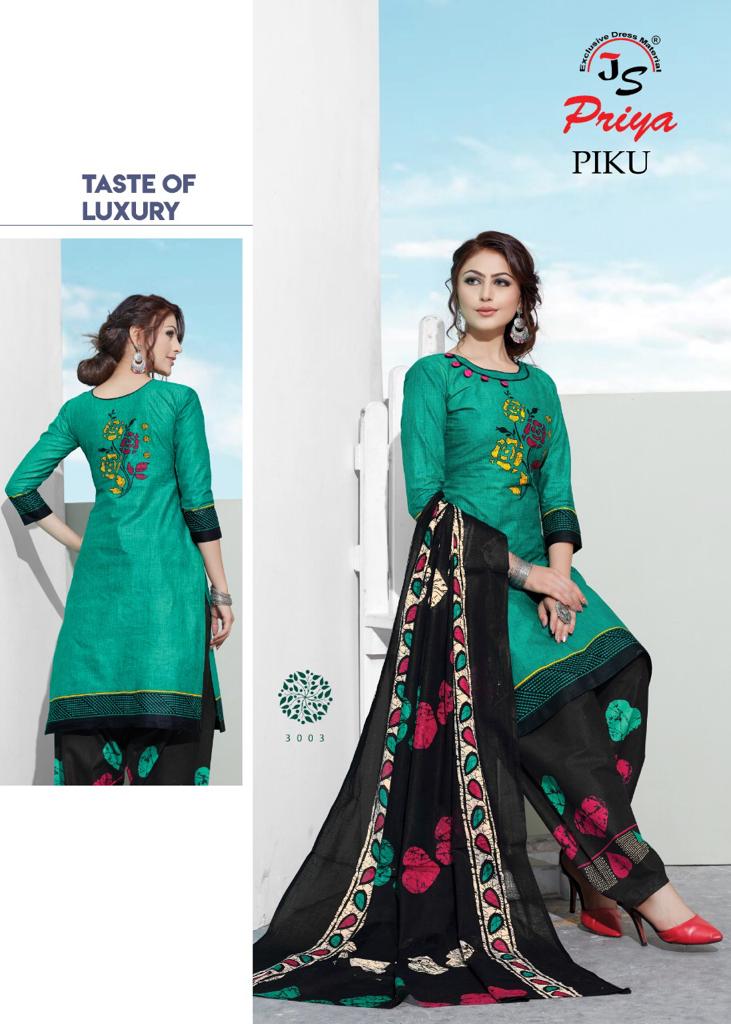 Piku Vol-3 By J S Priya 3001 To 3010 Series Beautiful Suits Stylish Fancy Colorful Party Wear & Ethnic Wear Cotton Printed Dresses At Wholesale Price