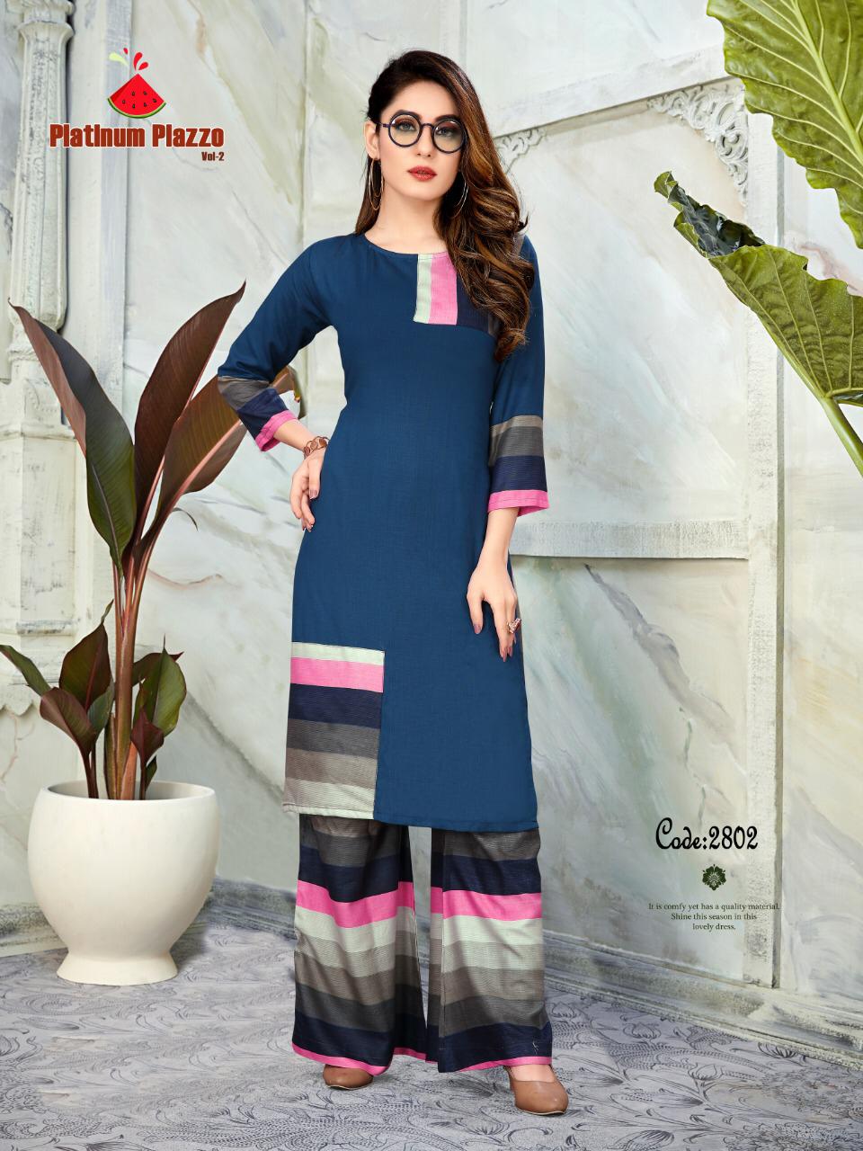 Platinum Palazzo Vol-2 By Watermelon 2801 To 2808 Series Beautiful Colorful Stylish Fancy Casual Wear & Ethnic Wear & Ready To Wear Heavy Rayon Slub Print Kurtis With Palazzo At Wholesale Price