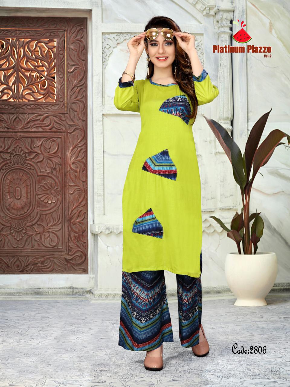 Platinum Palazzo Vol-2 By Watermelon 2801 To 2808 Series Beautiful Colorful Stylish Fancy Casual Wear & Ethnic Wear & Ready To Wear Heavy Rayon Slub Print Kurtis With Palazzo At Wholesale Price