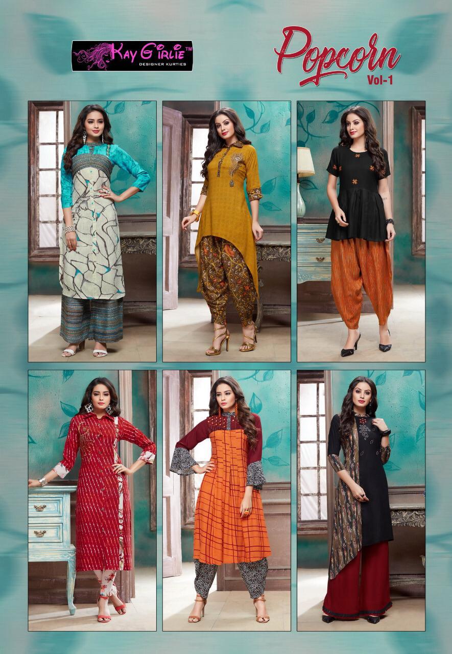 Popcorn Vol-1 By Kaygirlie 001 To 006 Series Beautiful Colorful Stylish Fancy Casual Wear & Ethnic Wear & Ready To Wear Heavy Rayon Kurtis & Palazzos At Wholesale Price