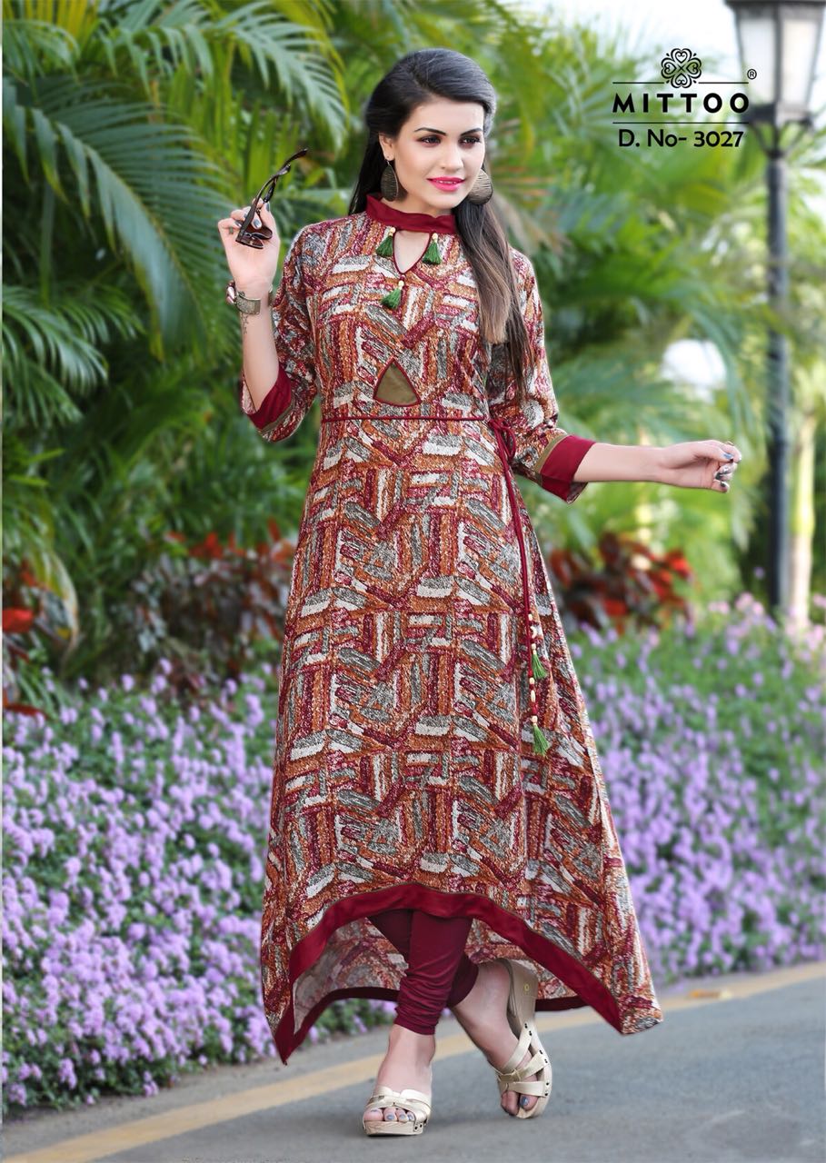 Preet Vol-4 By Mittoo 3025 To 3032 Series Stylish Colorful Fancy Beautiful Party Wear & Ethnic Wear Rayon Printed Kurtis At Wholesale Price