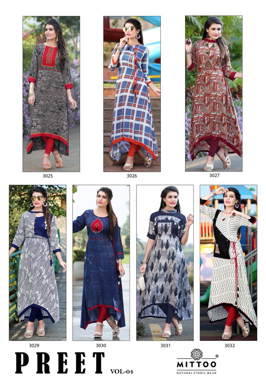 Preet Vol-4 By Mittoo 3025 To 3032 Series Stylish Colorful Fancy Beautiful Party Wear & Ethnic Wear Rayon Printed Kurtis At Wholesale Price
