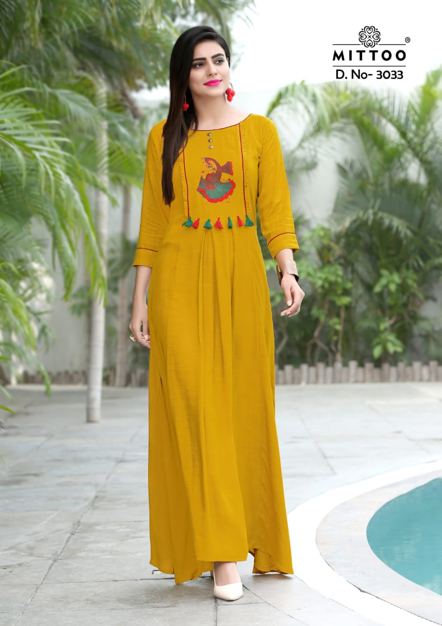 Preet Vol-5 By Mittoo 3033 To 3040 Series Beautiful Colorful Stylish Fancy Casual Wear & Ethnic Wear & Ready To Wear Slub Rayon Embroidered Kurtis At Wholesale Price