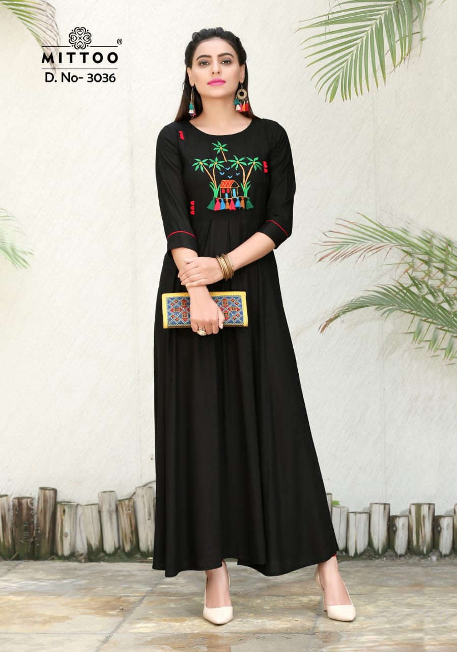 Preet Vol-5 By Mittoo 3033 To 3040 Series Beautiful Colorful Stylish Fancy Casual Wear & Ethnic Wear & Ready To Wear Slub Rayon Embroidered Kurtis At Wholesale Price