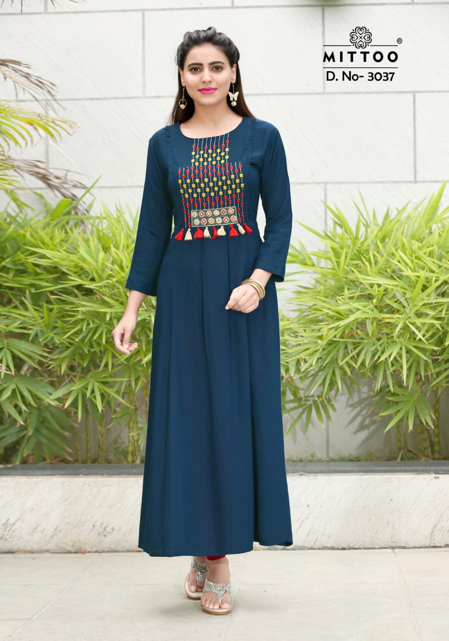 Preet Vol-5 By Mittoo 3033 To 3040 Series Beautiful Colorful Stylish Fancy Casual Wear & Ethnic Wear & Ready To Wear Slub Rayon Embroidered Kurtis At Wholesale Price