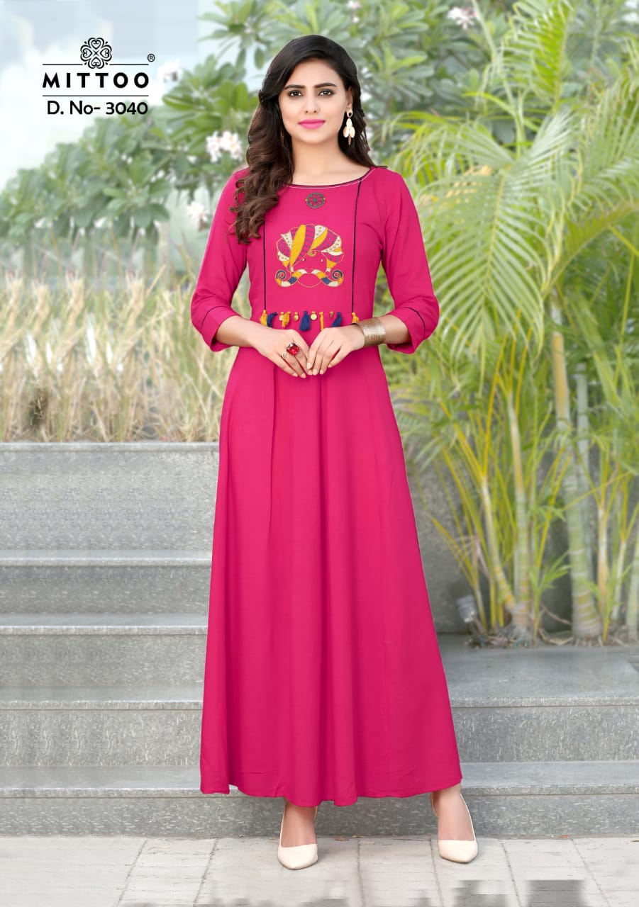 Preet Vol-5 By Mittoo 3033 To 3040 Series Beautiful Colorful Stylish Fancy Casual Wear & Ethnic Wear & Ready To Wear Slub Rayon Embroidered Kurtis At Wholesale Price