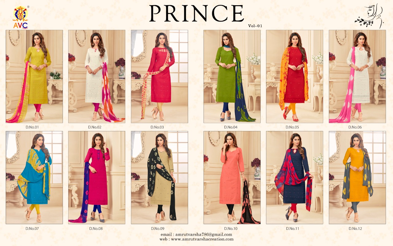 Prince Vol-1 By Amrut Varsha Creation 01 To 12 Series Beautiful Suits Stylish Fancy Colorful Casual Wear & Ethnic Wear Collection Cambric Chicken Embroidered Dresses At Wholesale Price