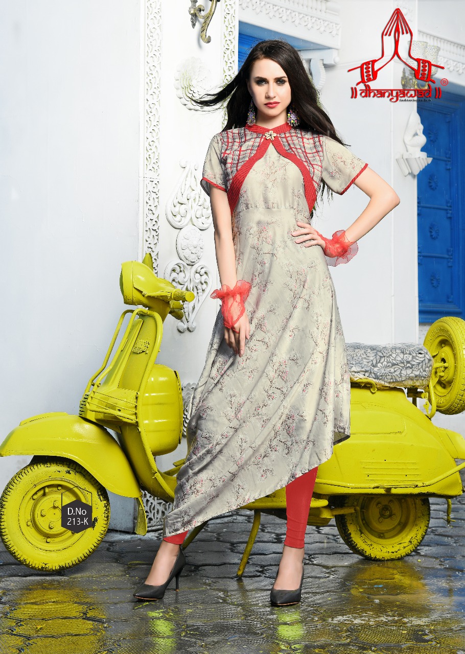 Prito By Dhanyawad 211 To 220 Series Beautiful Stylish Fancy Colorful Casual Wear & Ethnic Wear & Ready To Wear Rose Satin Slub Printed Kurtis At Wholesale Price