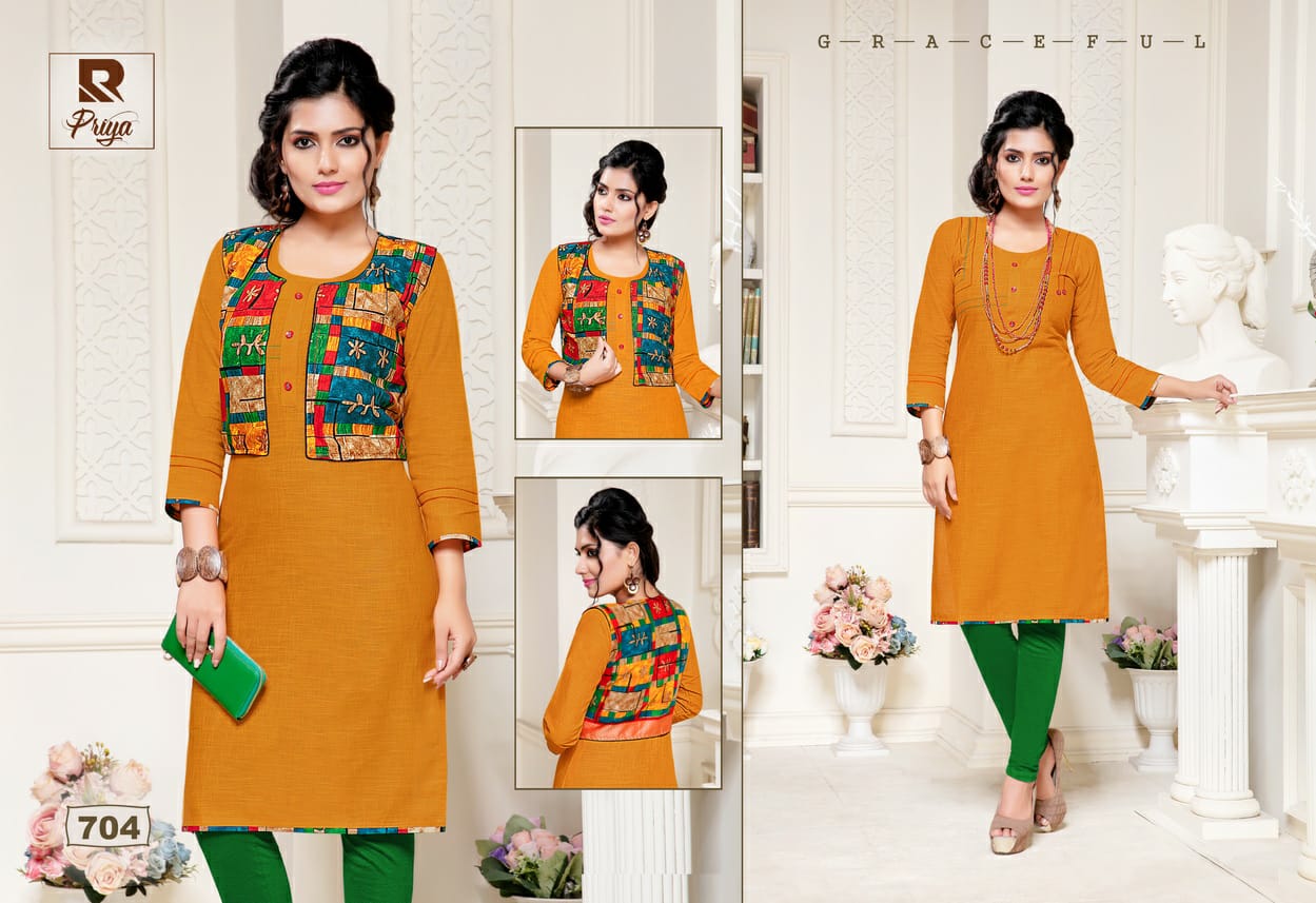 Priya By Raashi 701 To 712 Series Beautiful Stylish Fancy Colorful Casual Wear & Ethnic Wear & Ready To Wear Cotton Slub Prints Kurtis At Wholesale Price