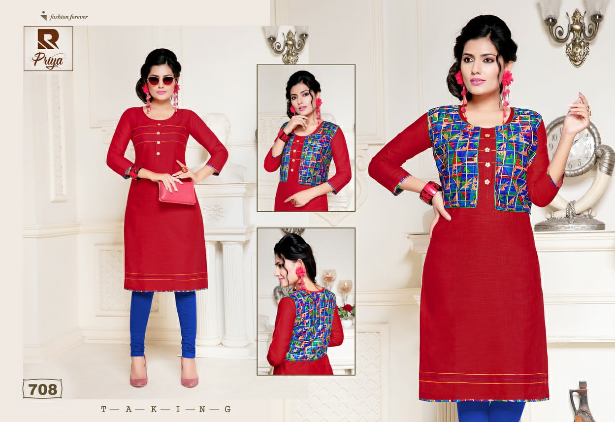 Priya By Raashi 701 To 712 Series Beautiful Stylish Fancy Colorful Casual Wear & Ethnic Wear & Ready To Wear Cotton Slub Prints Kurtis At Wholesale Price