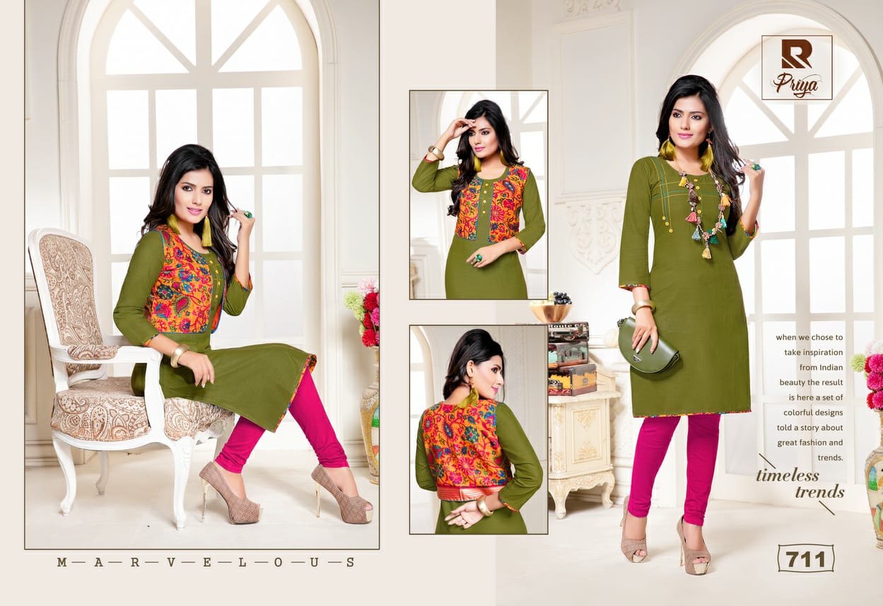 Priya By Raashi 701 To 712 Series Beautiful Stylish Fancy Colorful Casual Wear & Ethnic Wear & Ready To Wear Cotton Slub Prints Kurtis At Wholesale Price