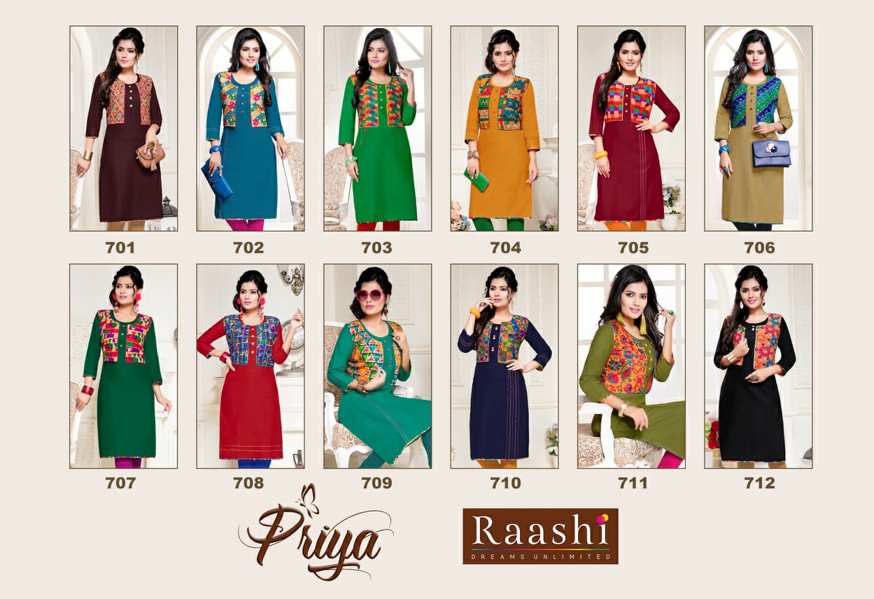 Priya By Raashi 701 To 712 Series Beautiful Stylish Fancy Colorful Casual Wear & Ethnic Wear & Ready To Wear Cotton Slub Prints Kurtis At Wholesale Price