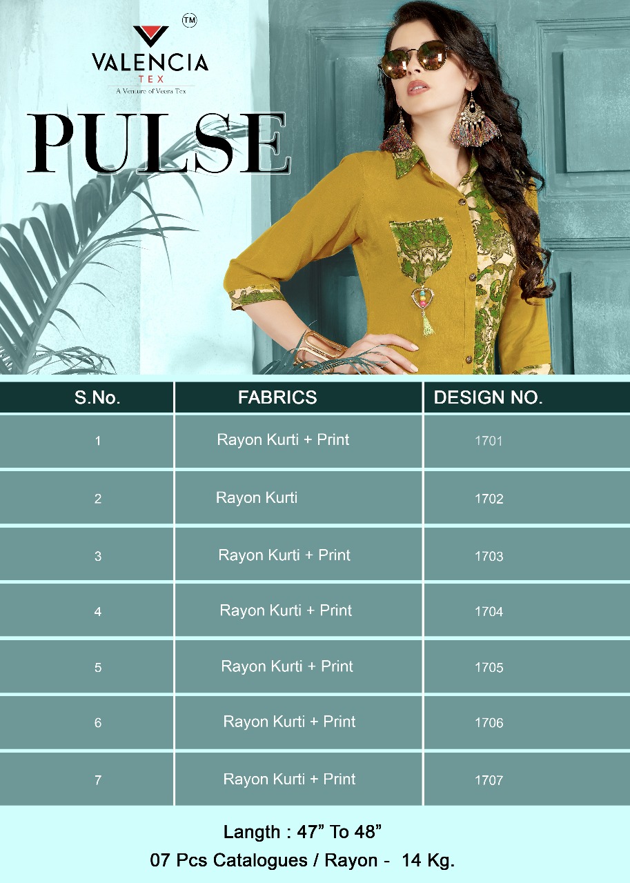 Pulse By Valencia Tex 1701 To 1707 Series Designer Beautiful Stylish Fancy Colorful Casual Wear & Ethnic Wear Rayon Printed Kurtis At Wholesale Price