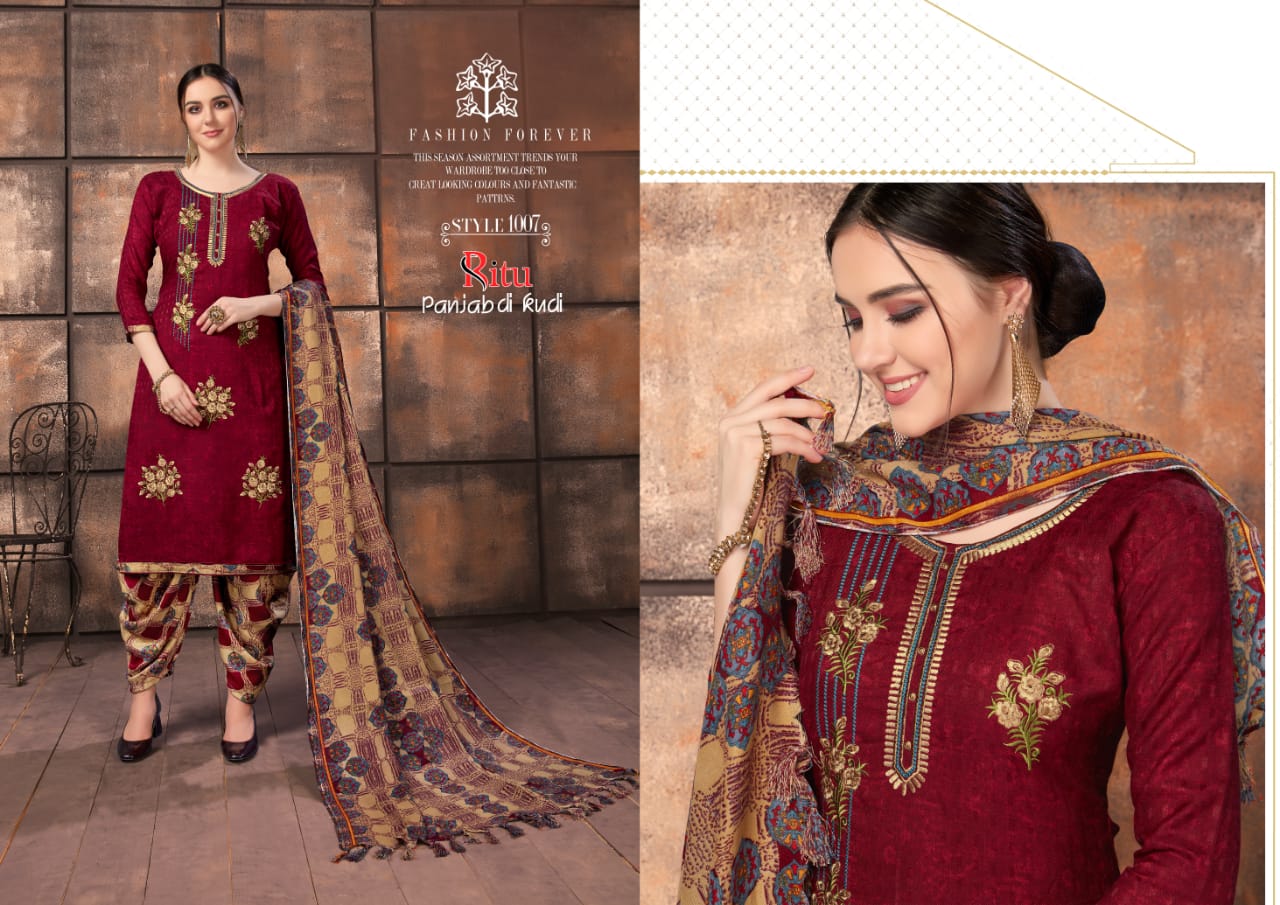 Punjab Di Kudi Vol-5 By Ritu 1001 To 1010 Series Beautiful Pashmina With Patiyala Suits Stylish Fancy Colorful Winter Wear & Ethnic Wear Pure Pashmina Embroidered Dresses At Wholesale Price