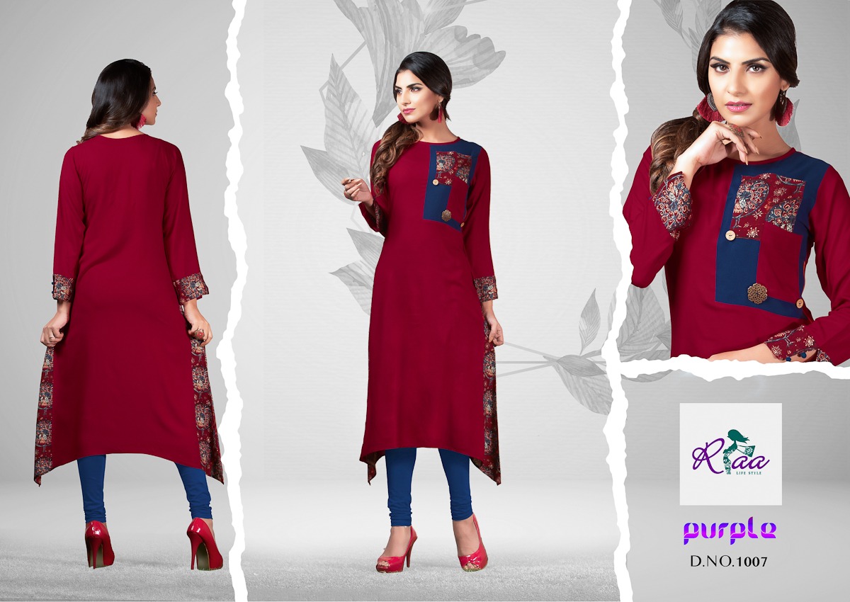 Purple By Riaa Lifestyle 1001 To 1008 Series Beautiful Colorful Stylish Fancy Casual Wear & Ethnic Wear & Ready To Wear Premium Heavy Rayon Kurtis At Wholesale Price
