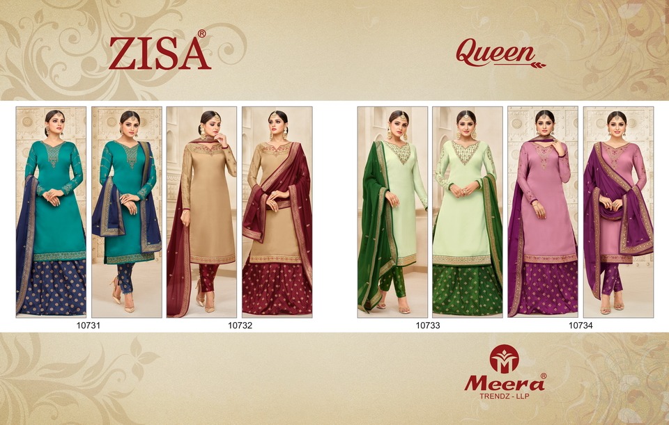 Zisa Queen By Meera Trendz 10731 To 10734 Series Beautiful Suits Stylish Fancy Colorful Casual Wear & Ethnic Wear Collection Satin Georgette Embroidered Dresses At Wholesale Price