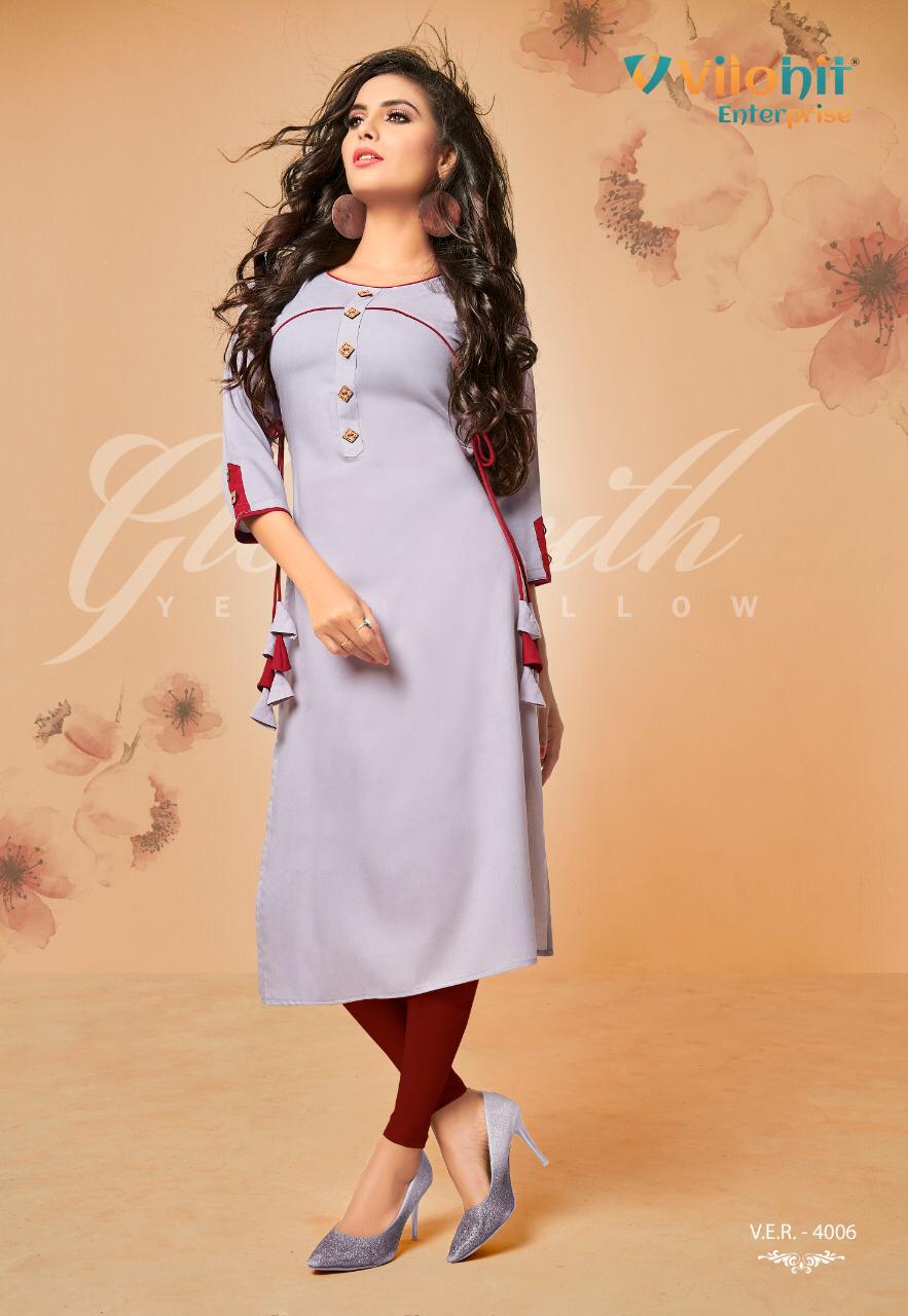 Radha Vol-4 By Vilohit Enterprise 4001 To 4007 Series Beautiful Stylish Colorful Fancy Party Wear & Ethnic Wear & Ready To Wear Heavy Rayon Embroidered Kurtis At Wholesale Price