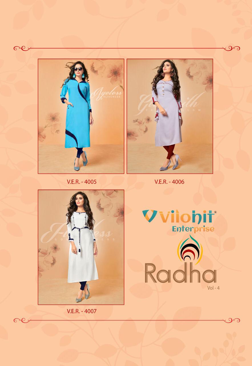 Radha Vol-4 By Vilohit Enterprise 4001 To 4007 Series Beautiful Stylish Colorful Fancy Party Wear & Ethnic Wear & Ready To Wear Heavy Rayon Embroidered Kurtis At Wholesale Price