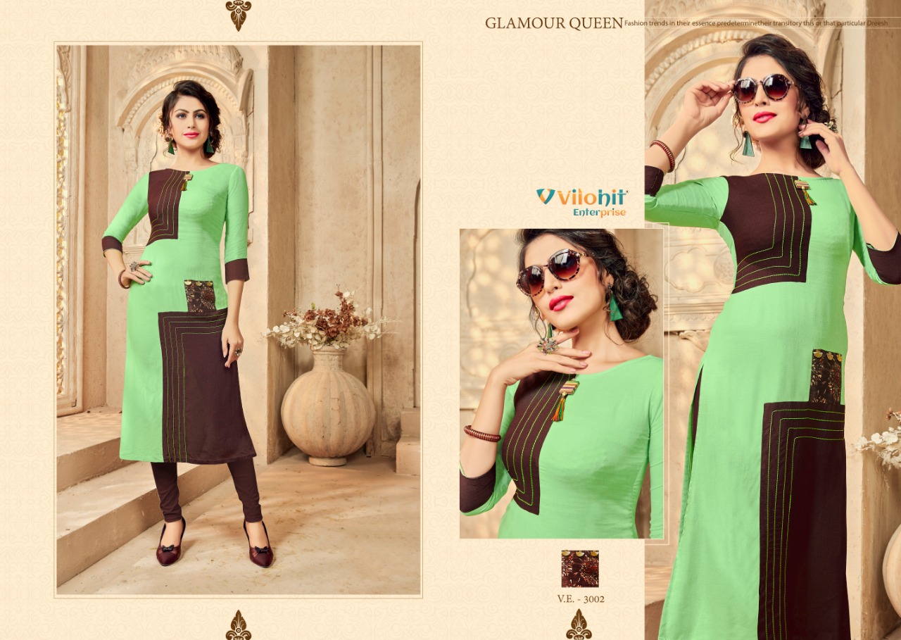 Radha Vol-3 By Vilohit Enterprise 3001 To 3007 Series Beautiful Stylish Colorful Fancy Party Wear & Ethnic Wear & Ready To Wear Heavy Rayon Embroidered Kurtis At Wholesale Price