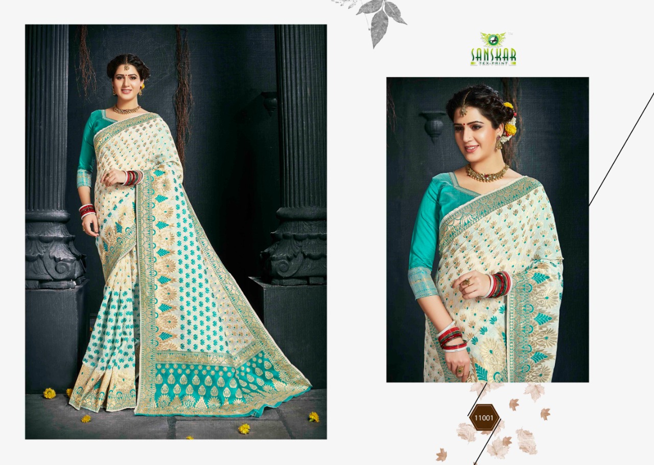 Radhika By Sanskar Tex Prints 11001 To 11010 Series Indian Traditional Wear Collection Beautiful Stylish Fancy Colorful Party Wear & Occasional Wear Banarasi Silk With Blouse Sarees At Wholesale Price