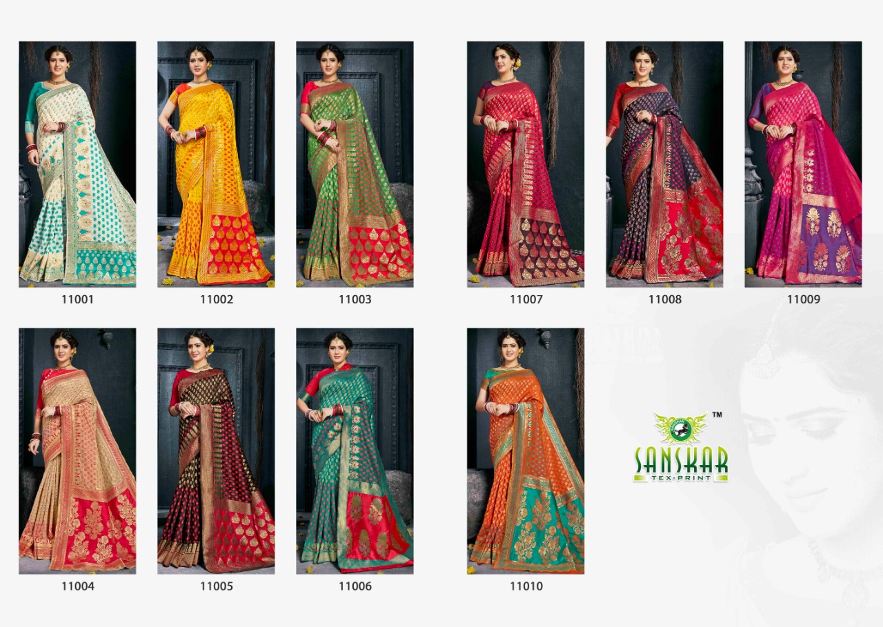 Radhika By Sanskar Tex Prints 11001 To 11010 Series Indian Traditional Wear Collection Beautiful Stylish Fancy Colorful Party Wear & Occasional Wear Banarasi Silk With Blouse Sarees At Wholesale Price