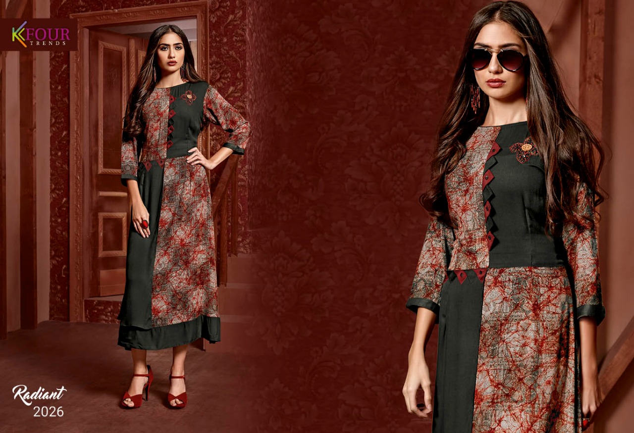 Radiant By Kfour Trends 2021 To 2026 Series Beautiful Colorful Stylish Fancy Casual Wear & Ethnic Wear & Ready To Wear Rayon Printed Kurtis At Wholesale Price