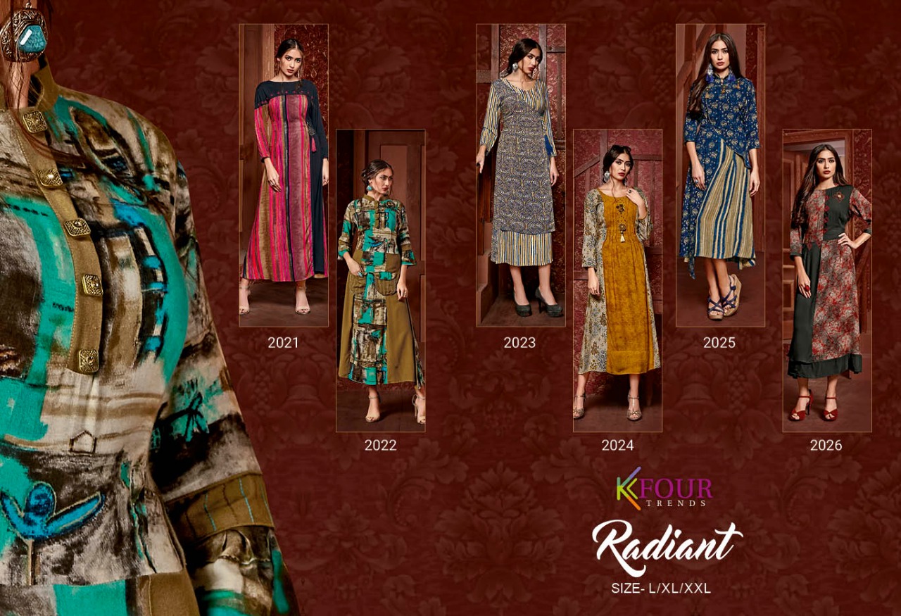 Radiant By Kfour Trends 2021 To 2026 Series Beautiful Colorful Stylish Fancy Casual Wear & Ethnic Wear & Ready To Wear Rayon Printed Kurtis At Wholesale Price