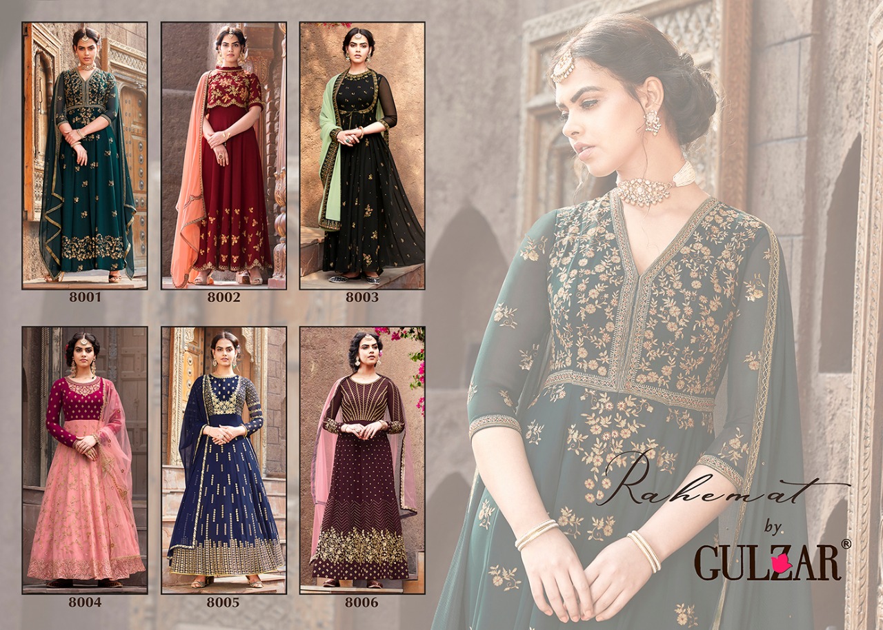 Rahemat By Gulzar 8001 To 8006 Series Designer Anarkali Suits Collection Beautiful Stylish Colorful Party Wear & Occasional Wear Faux Georgette Embroidered Dresses At Wholesale Price