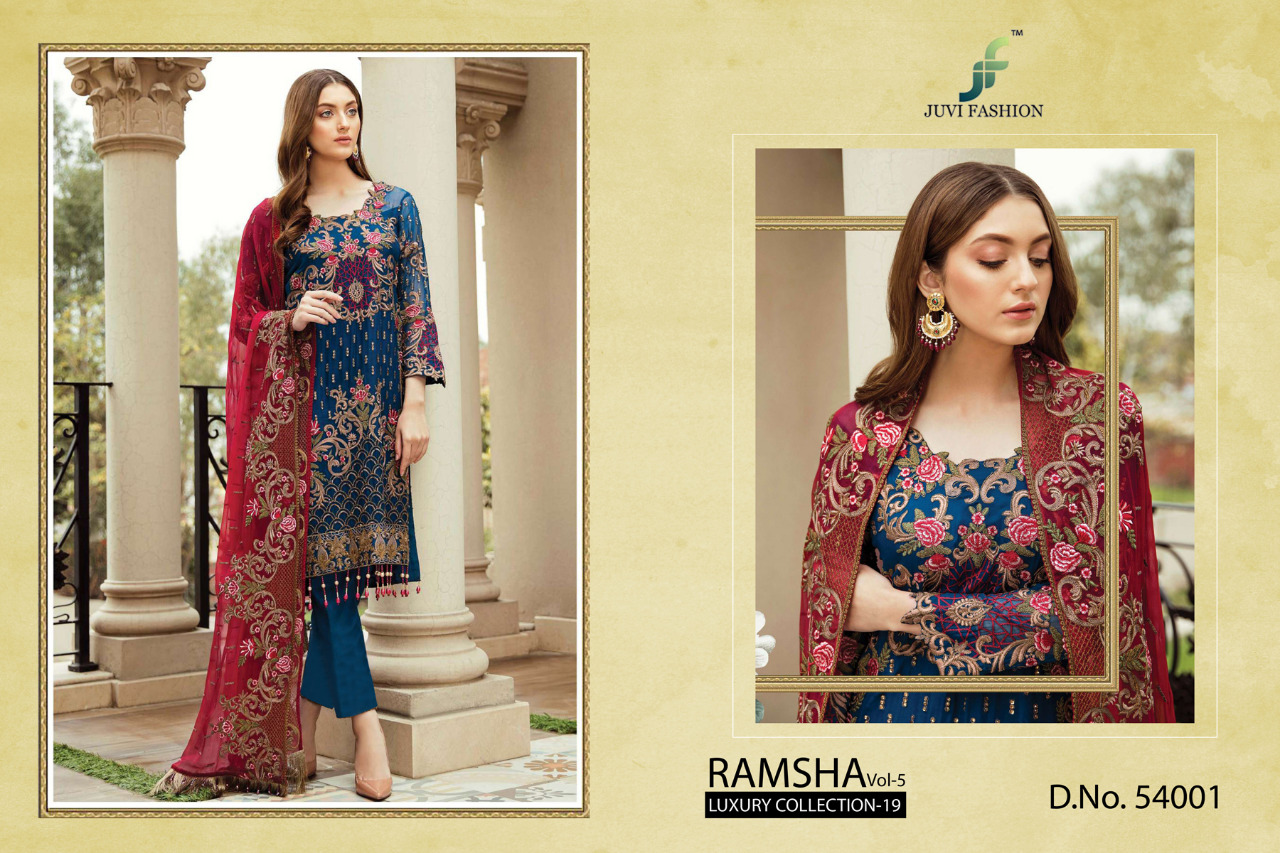 Ramsha Vol-5 Luxury Collection-19 By Juvi Fashion 54001 To 54006 Series Designer Pakistani Suits Collection Beautiful Stylish Fancy Colorful Party Wear & Occasional Wear Faux Georgette With Embroidery Dresses At Wholesale Price