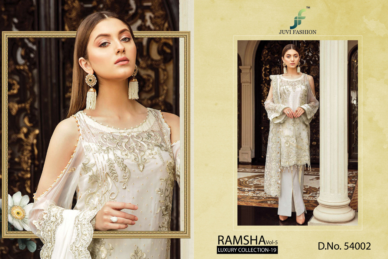 Ramsha Vol-5 Luxury Collection-19 By Juvi Fashion 54001 To 54006 Series Designer Pakistani Suits Collection Beautiful Stylish Fancy Colorful Party Wear & Occasional Wear Faux Georgette With Embroidery Dresses At Wholesale Price