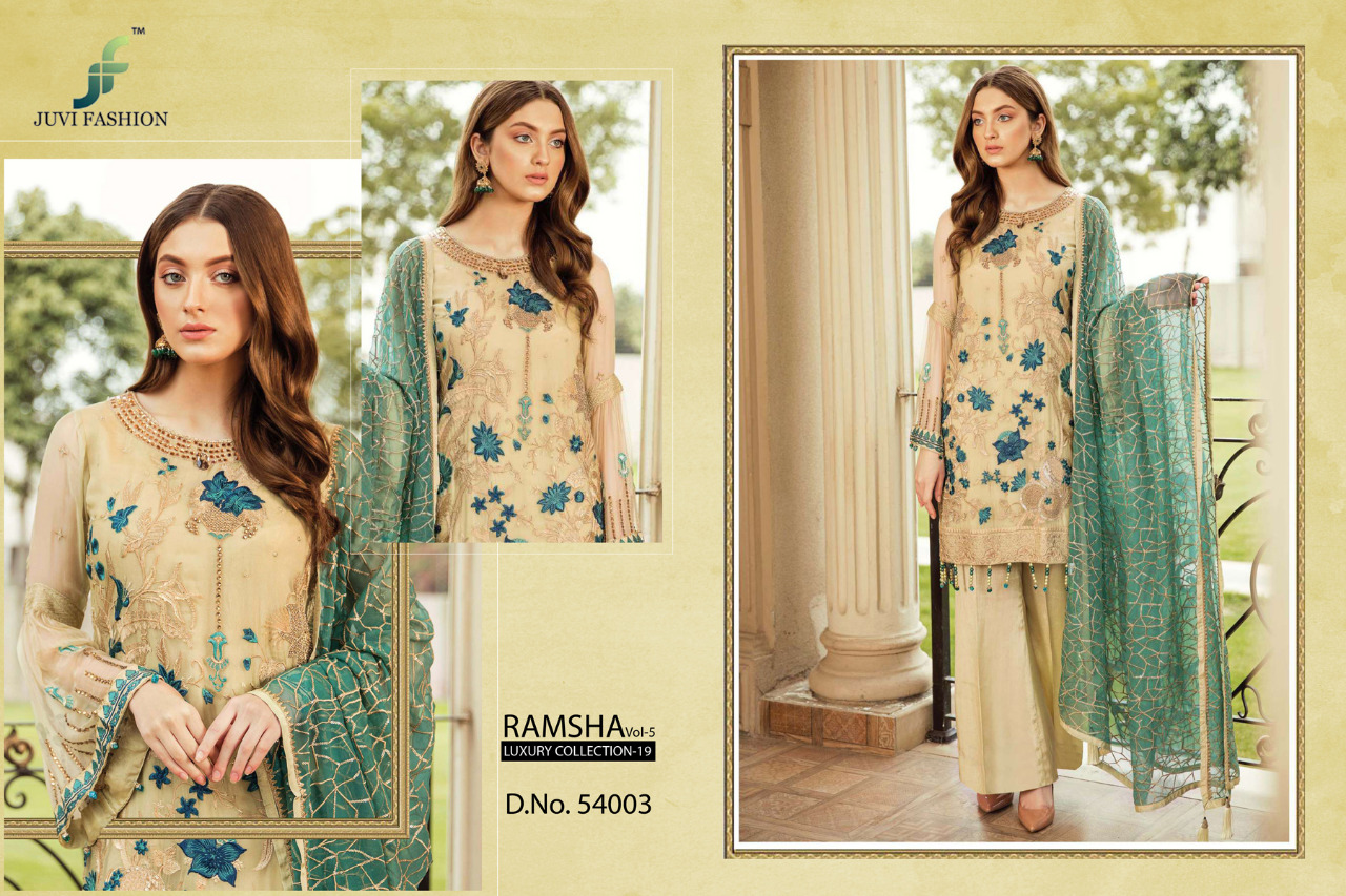 Ramsha Vol-5 Luxury Collection-19 By Juvi Fashion 54001 To 54006 Series Designer Pakistani Suits Collection Beautiful Stylish Fancy Colorful Party Wear & Occasional Wear Faux Georgette With Embroidery Dresses At Wholesale Price