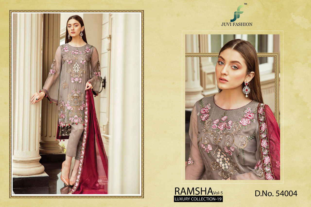 Ramsha Vol-5 Luxury Collection-19 By Juvi Fashion 54001 To 54006 Series Designer Pakistani Suits Collection Beautiful Stylish Fancy Colorful Party Wear & Occasional Wear Faux Georgette With Embroidery Dresses At Wholesale Price