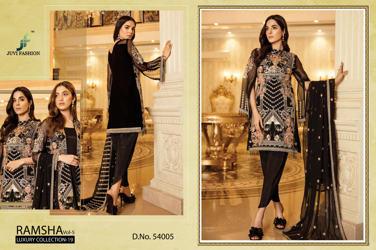 Ramsha Vol-5 Luxury Collection-19 By Juvi Fashion 54001 To 54006 Series Designer Pakistani Suits Collection Beautiful Stylish Fancy Colorful Party Wear & Occasional Wear Faux Georgette With Embroidery Dresses At Wholesale Price