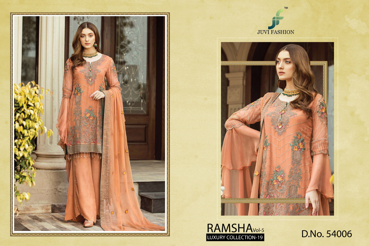 Ramsha Vol-5 Luxury Collection-19 By Juvi Fashion 54001 To 54006 Series Designer Pakistani Suits Collection Beautiful Stylish Fancy Colorful Party Wear & Occasional Wear Faux Georgette With Embroidery Dresses At Wholesale Price