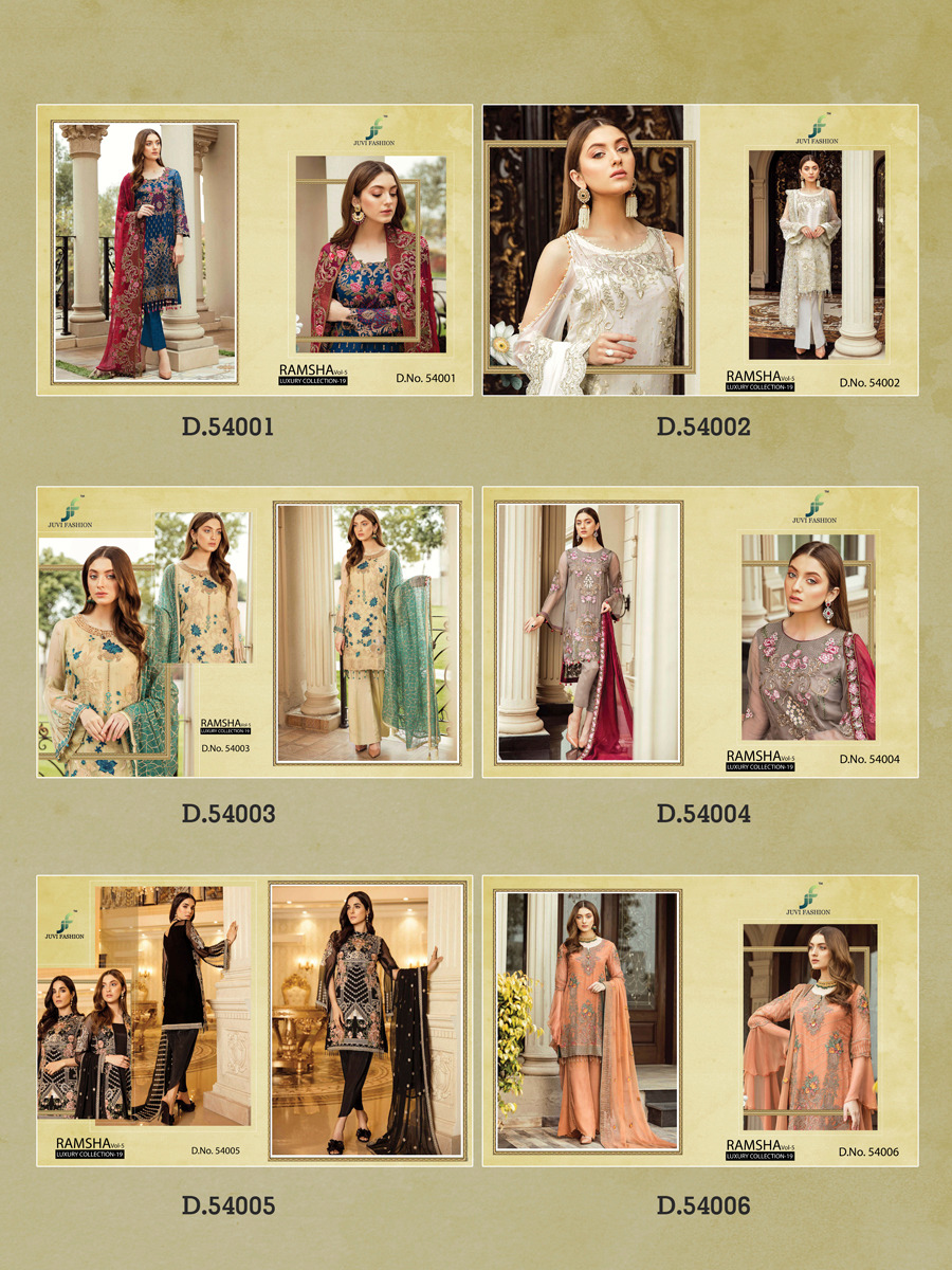 Ramsha Vol-5 Luxury Collection-19 By Juvi Fashion 54001 To 54006 Series Designer Pakistani Suits Collection Beautiful Stylish Fancy Colorful Party Wear & Occasional Wear Faux Georgette With Embroidery Dresses At Wholesale Price