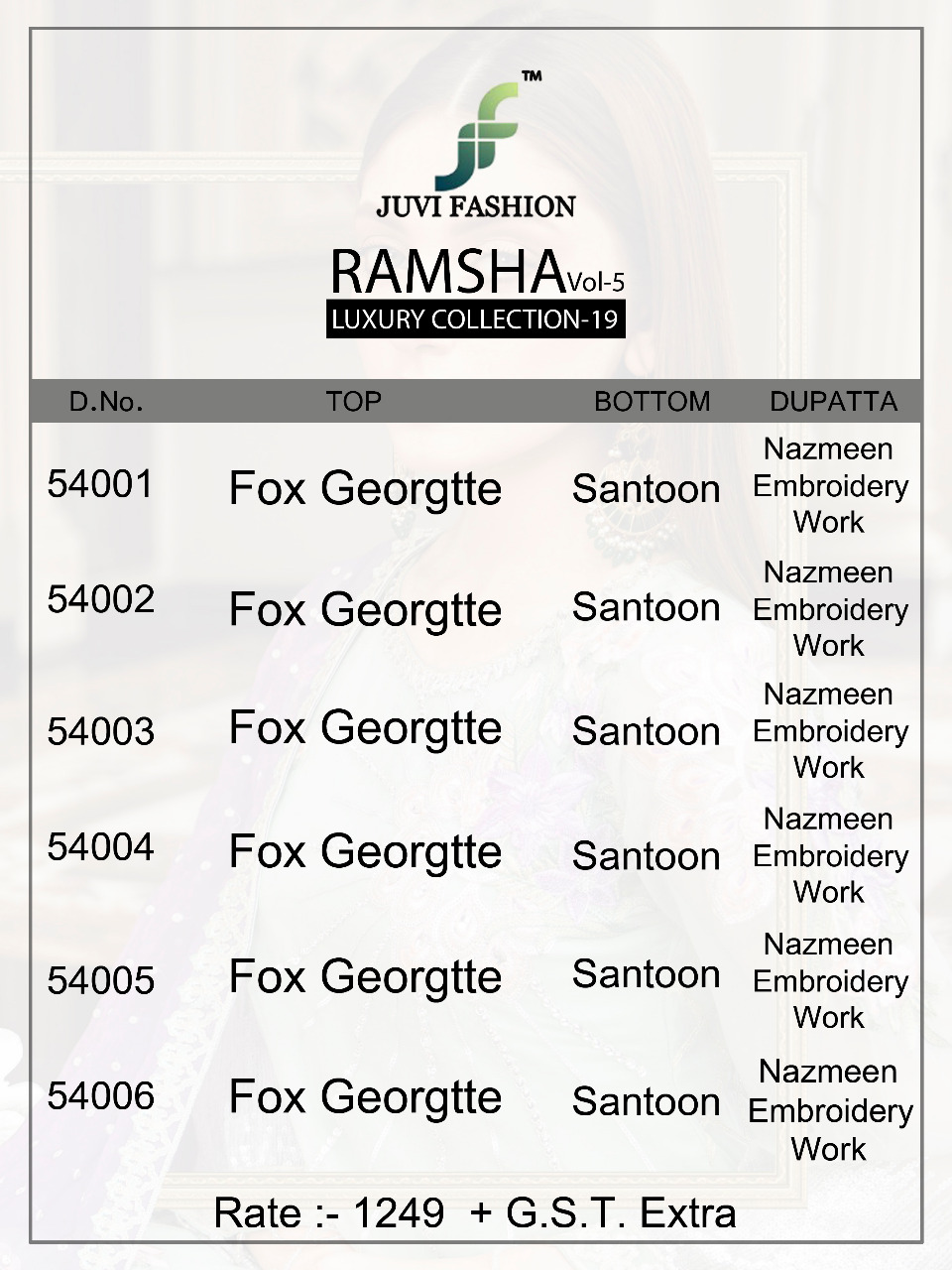 Ramsha Vol-5 Luxury Collection-19 By Juvi Fashion 54001 To 54006 Series Designer Pakistani Suits Collection Beautiful Stylish Fancy Colorful Party Wear & Occasional Wear Faux Georgette With Embroidery Dresses At Wholesale Price