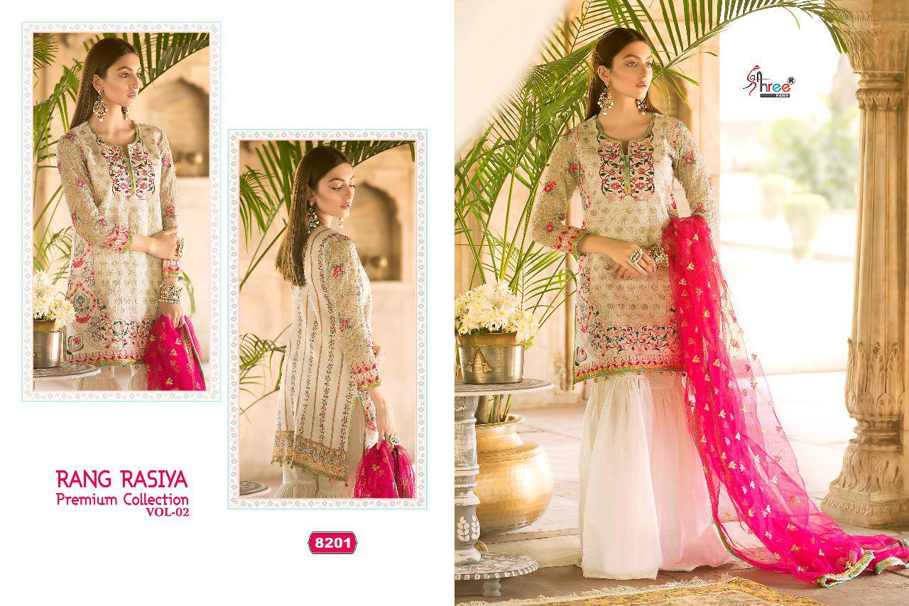 Rang Rasiya Premium Collection Vol-2 By Shree Fabs 8201 To 8208 Series Designer Pakistani Suits Beautiful Fancy Stylish Colorful Party Wear & Occasional Wear Cotton/net Embroidered Dresses At Wholesale Price