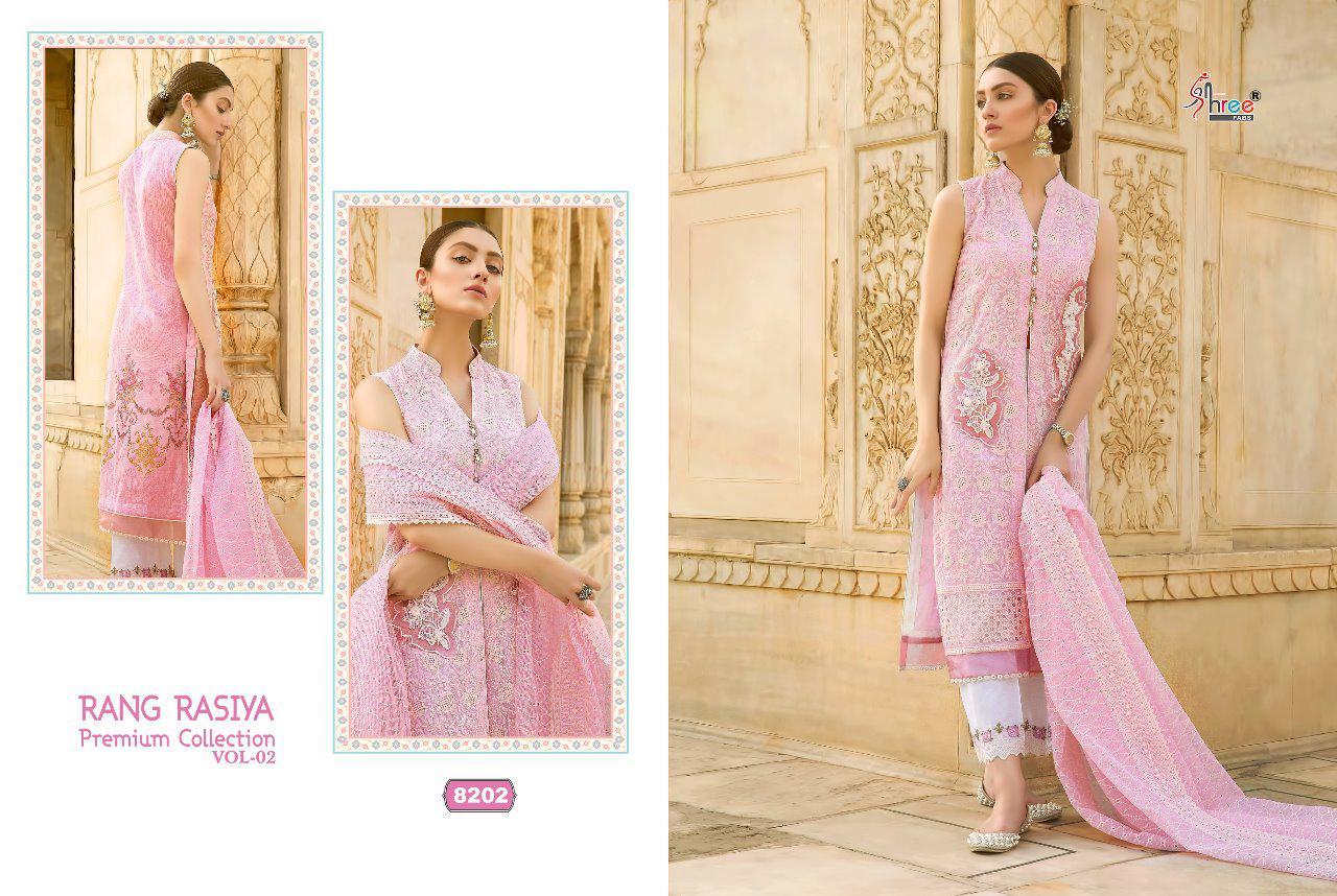Rang Rasiya Premium Collection Vol-2 By Shree Fabs 8201 To 8208 Series Designer Pakistani Suits Beautiful Fancy Stylish Colorful Party Wear & Occasional Wear Cotton/net Embroidered Dresses At Wholesale Price