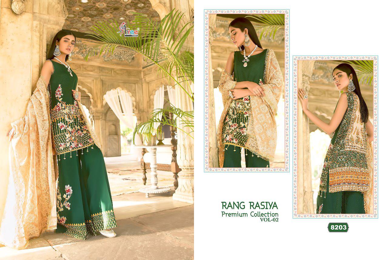 Rang Rasiya Premium Collection Vol-2 By Shree Fabs 8201 To 8208 Series Designer Pakistani Suits Beautiful Fancy Stylish Colorful Party Wear & Occasional Wear Cotton/net Embroidered Dresses At Wholesale Price