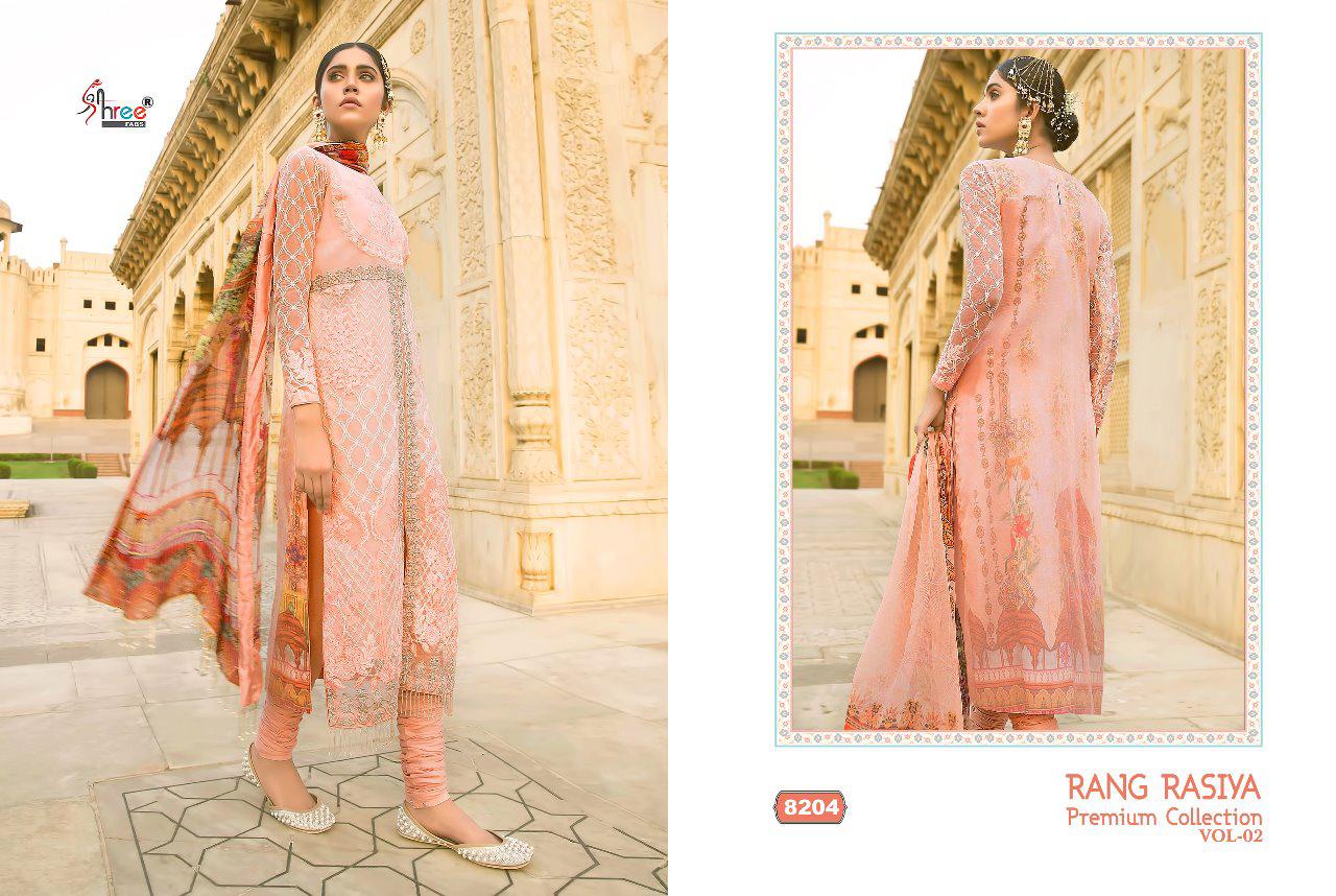 Rang Rasiya Premium Collection Vol-2 By Shree Fabs 8201 To 8208 Series Designer Pakistani Suits Beautiful Fancy Stylish Colorful Party Wear & Occasional Wear Cotton/net Embroidered Dresses At Wholesale Price