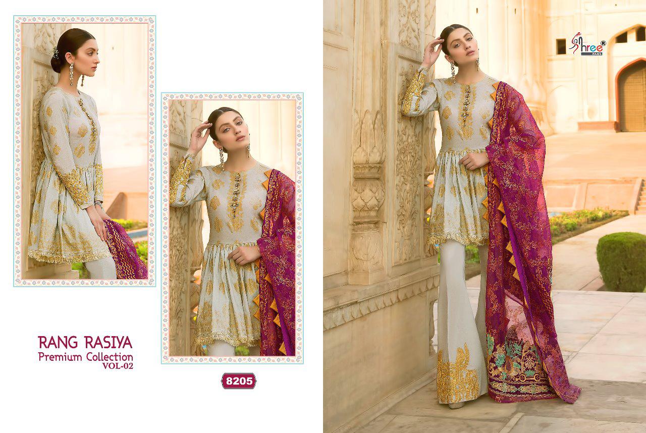 Rang Rasiya Premium Collection Vol-2 By Shree Fabs 8201 To 8208 Series Designer Pakistani Suits Beautiful Fancy Stylish Colorful Party Wear & Occasional Wear Cotton/net Embroidered Dresses At Wholesale Price