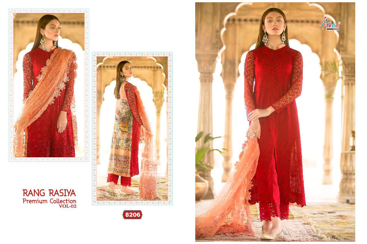 Rang Rasiya Premium Collection Vol-2 By Shree Fabs 8201 To 8208 Series Designer Pakistani Suits Beautiful Fancy Stylish Colorful Party Wear & Occasional Wear Cotton/net Embroidered Dresses At Wholesale Price