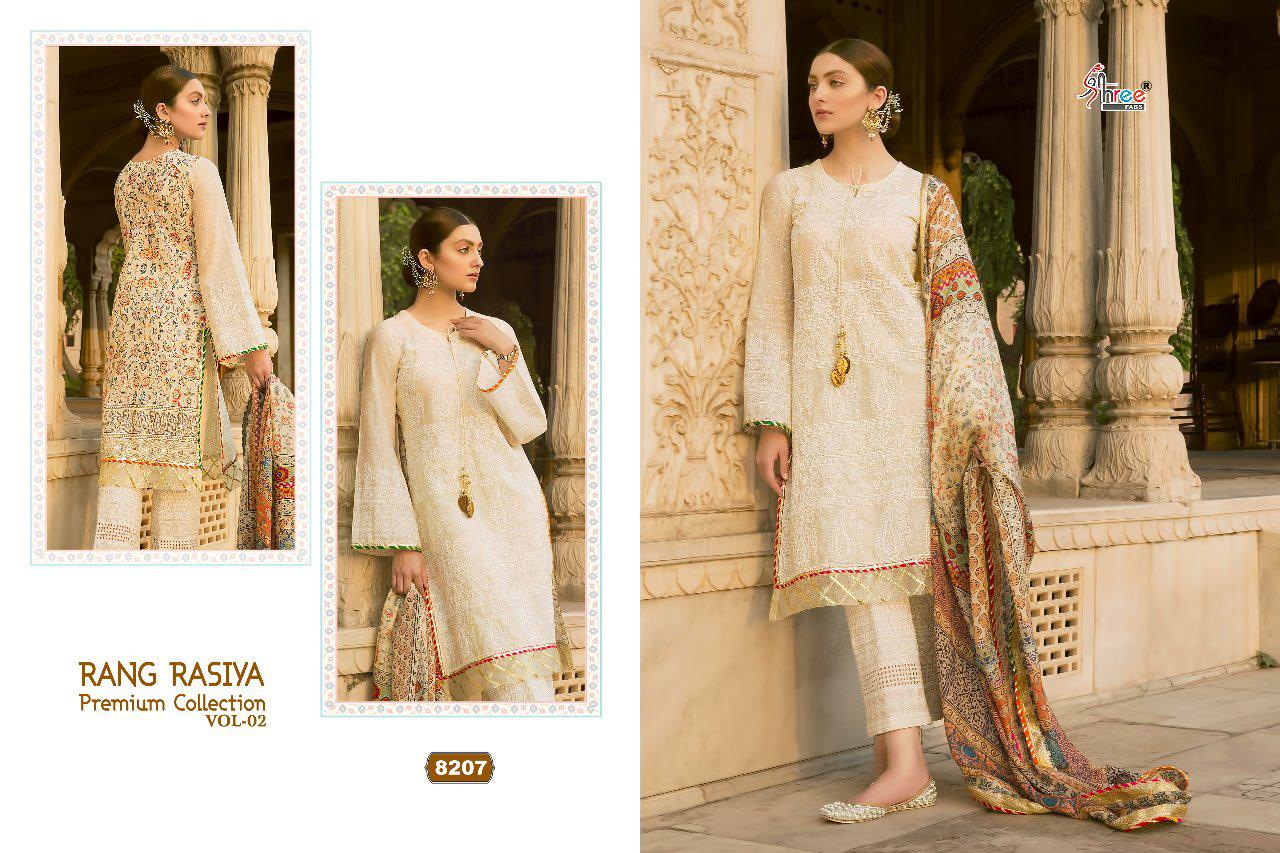 Rang Rasiya Premium Collection Vol-2 By Shree Fabs 8201 To 8208 Series Designer Pakistani Suits Beautiful Fancy Stylish Colorful Party Wear & Occasional Wear Cotton/net Embroidered Dresses At Wholesale Price