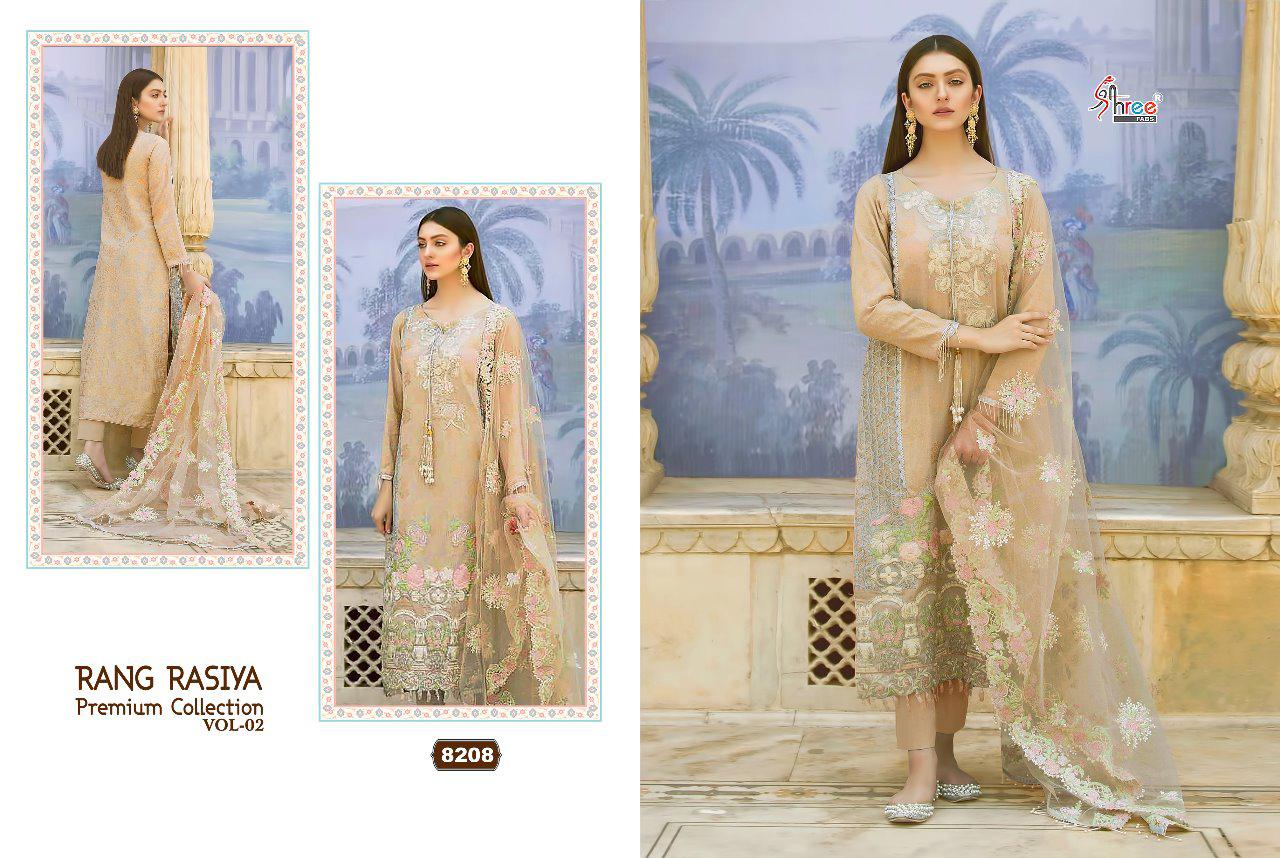 Rang Rasiya Premium Collection Vol-2 By Shree Fabs 8201 To 8208 Series Designer Pakistani Suits Beautiful Fancy Stylish Colorful Party Wear & Occasional Wear Cotton/net Embroidered Dresses At Wholesale Price