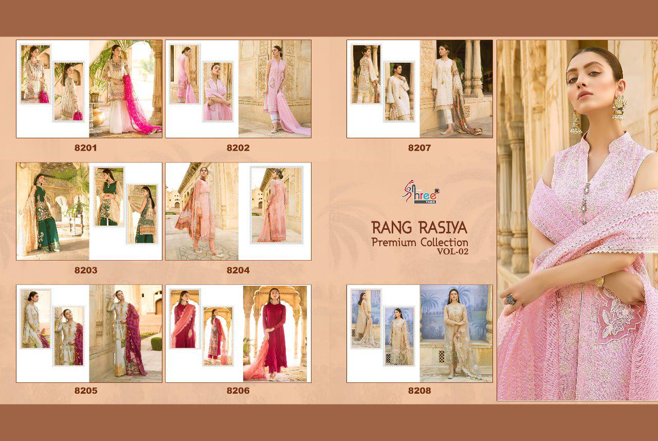 Rang Rasiya Premium Collection Vol-2 By Shree Fabs 8201 To 8208 Series Designer Pakistani Suits Beautiful Fancy Stylish Colorful Party Wear & Occasional Wear Cotton/net Embroidered Dresses At Wholesale Price