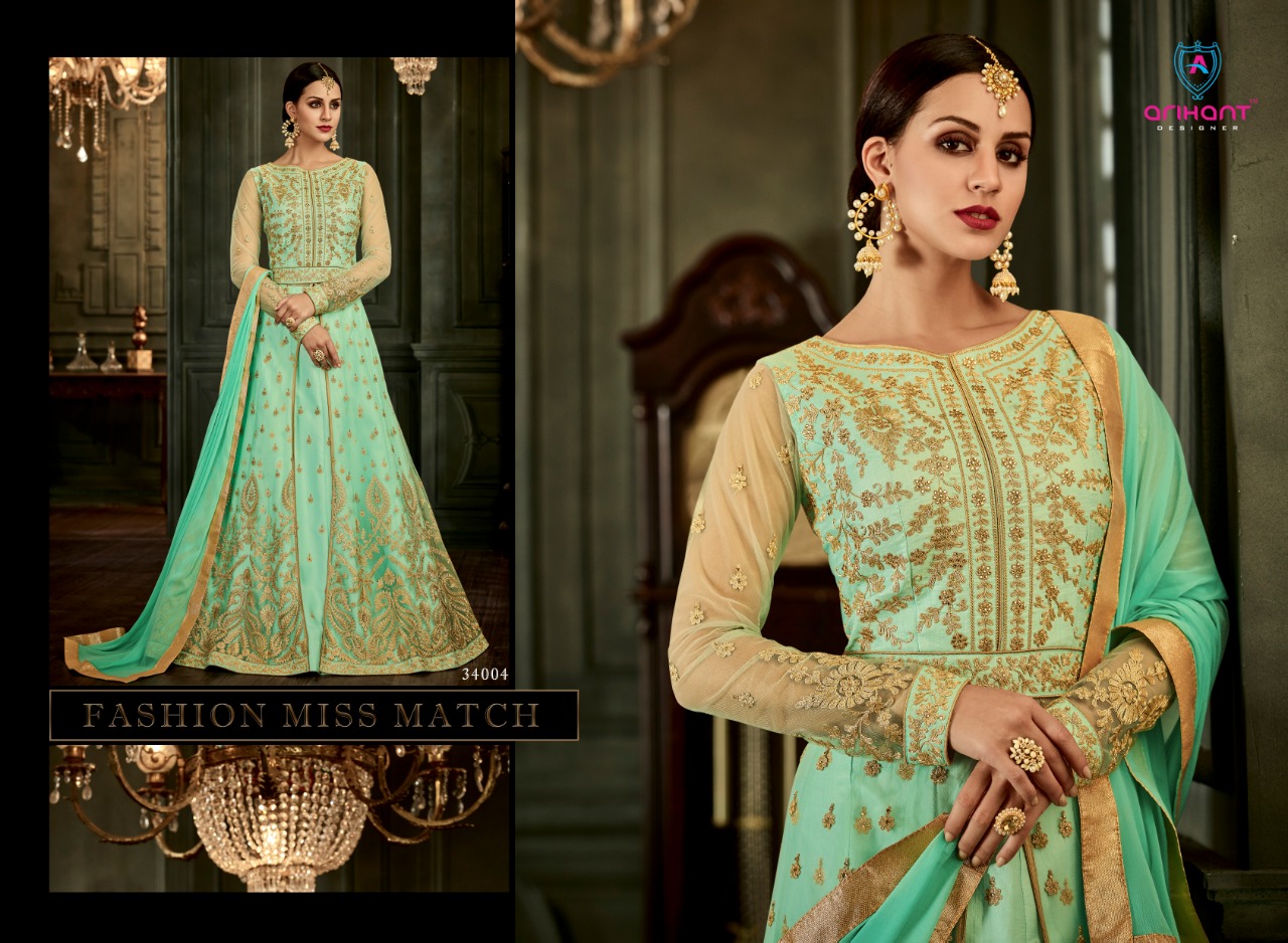 Rangat By Arihant Designer 34001 To 34005 Series Designer Anarkali Suits Collection Beautiful Stylish Fancy Colorful Party Wear & Occasional Wear Silk & Net Embroidered Dresses At Wholesale Price