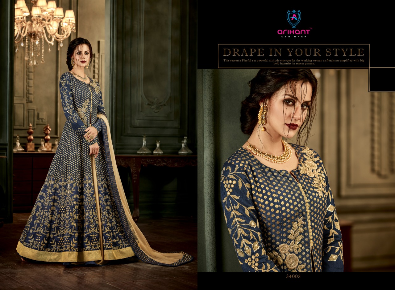 Rangat By Arihant Designer 34001 To 34005 Series Designer Anarkali Suits Collection Beautiful Stylish Fancy Colorful Party Wear & Occasional Wear Silk & Net Embroidered Dresses At Wholesale Price