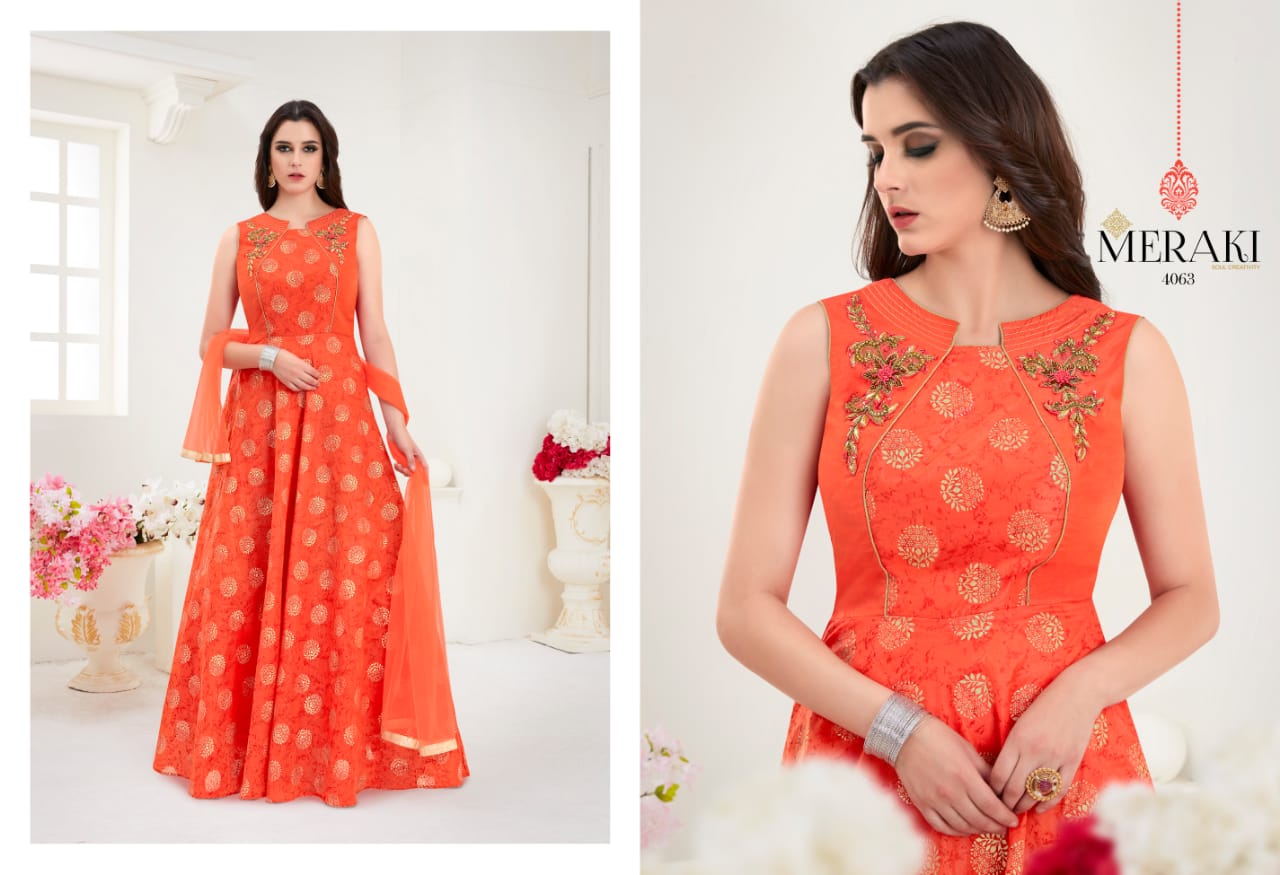 Rangat By Meraki 4061 To 4066 Series Designer Gown Collection Beautiful Stylish Fancy Colorful Party Wear & Occasional Wear Heavy Modal Gowns At Wholesale Price