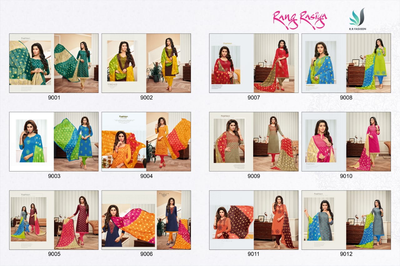 Rang Rasiya By R R Fashion 9001 To 9012 Series Beautiful Suits Stylish Colorful Fancy Casual Wear & Ethnic Wear Denting Cotton Embroidery  Dresses At Wholesale Price